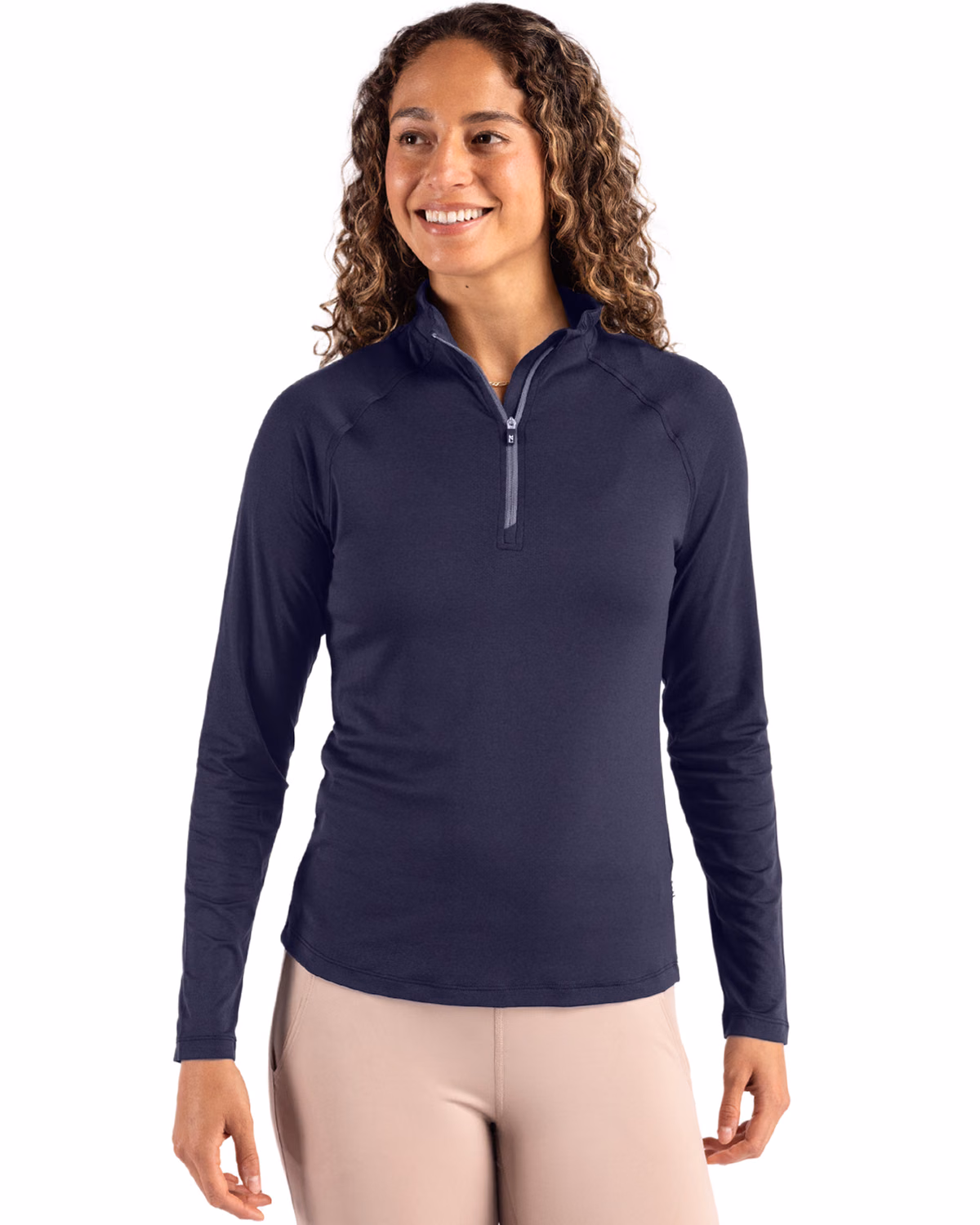 Custom Cutter & Buck Coastline Recycled Double Peached Womens Quarter Zip Pullover — Navy Blue front