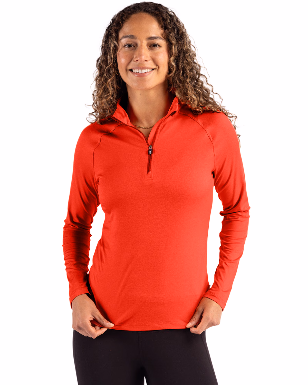 Custom Cutter & Buck Coastline Recycled Double Peached Womens Quarter Zip Pullover — Red front