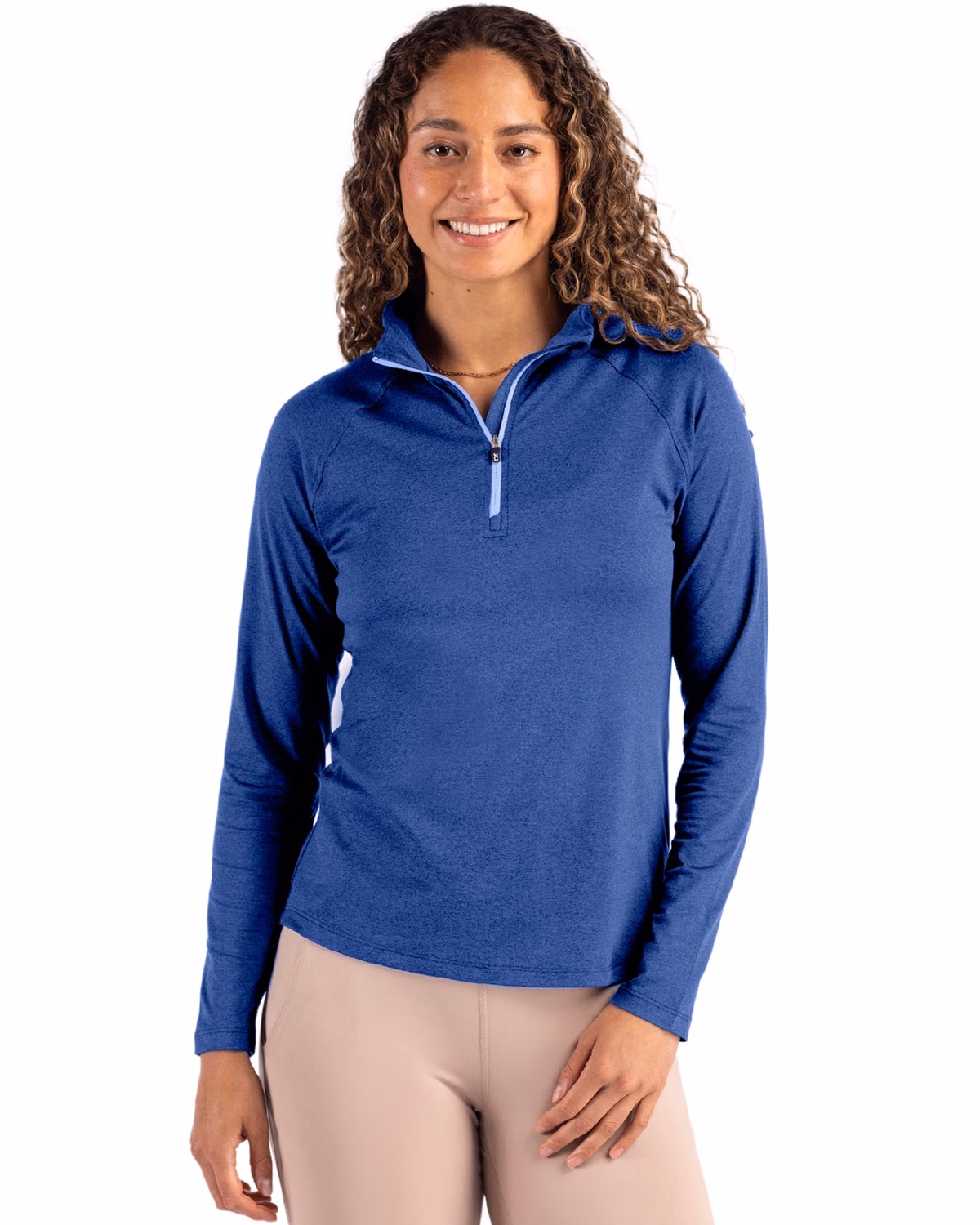 Custom Cutter & Buck Coastline Recycled Double Peached Womens Quarter Zip Pullover — Tour Blue front