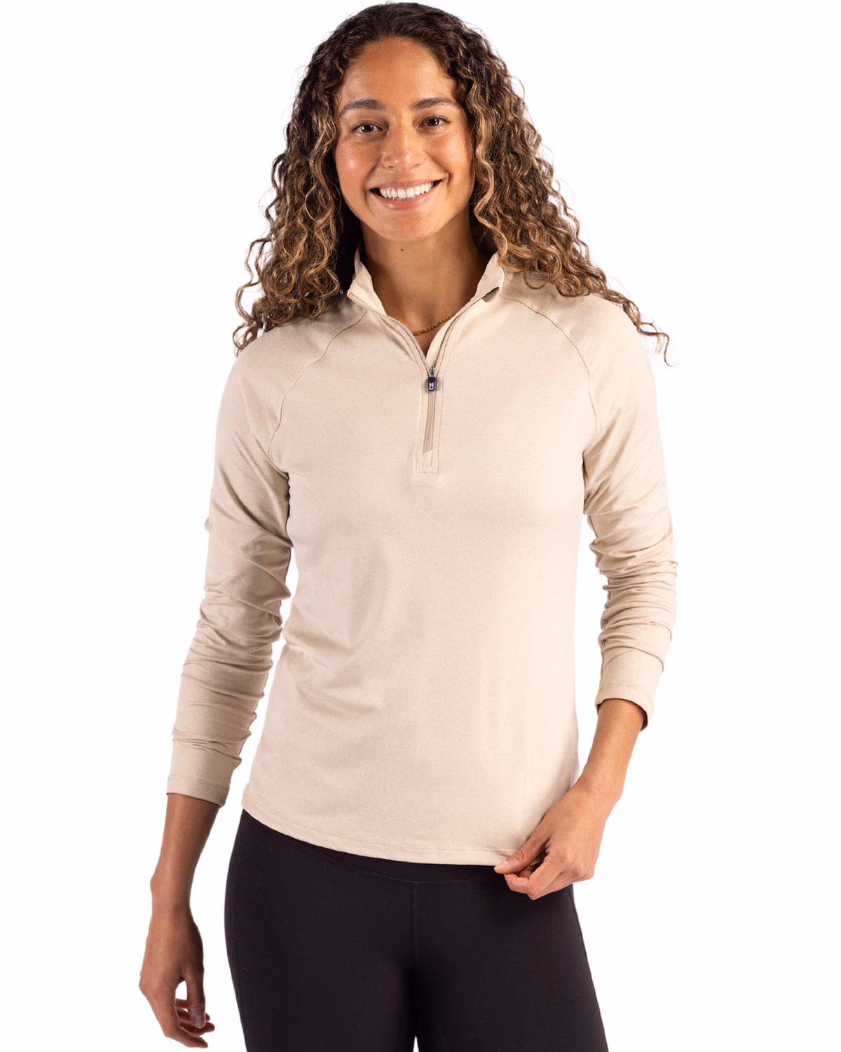 Custom Cutter & Buck Coastline Recycled Double Peached Womens Quarter Zip Pullover — Wheat front