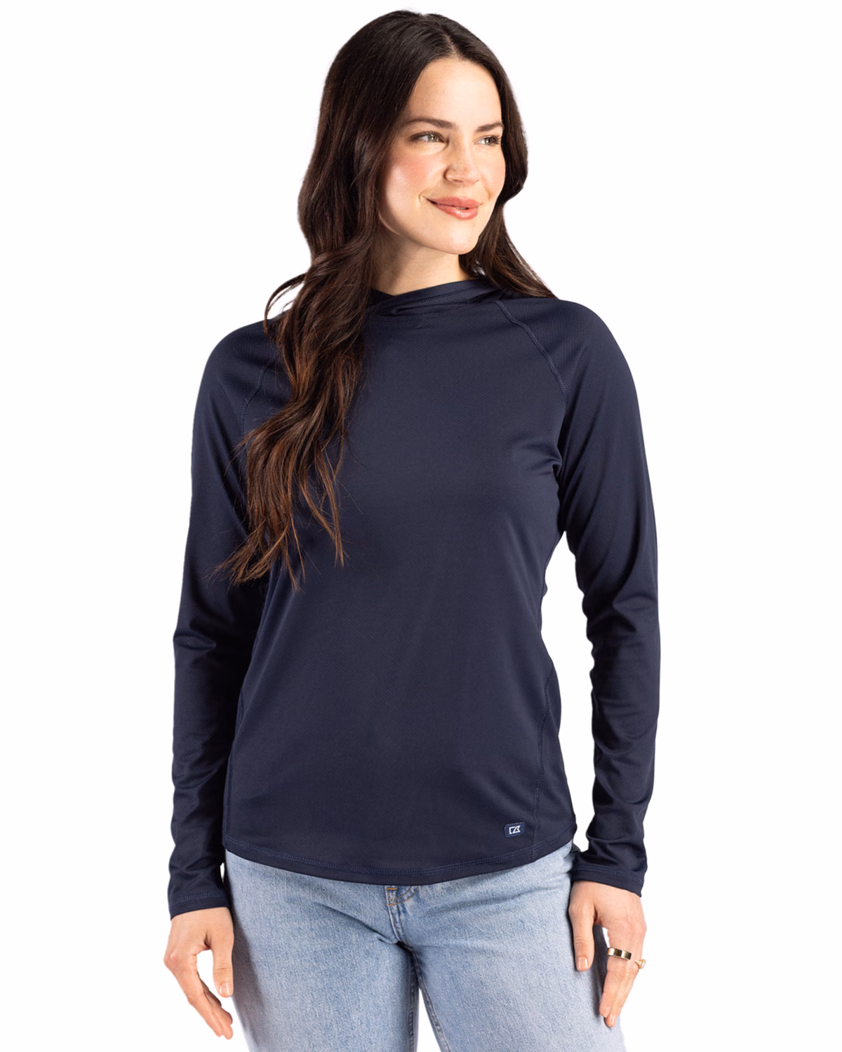 Custom Cutter & Buck Prospect Recycled Featherlight Stretch Womens Hooded Pullover — Navy Blue front