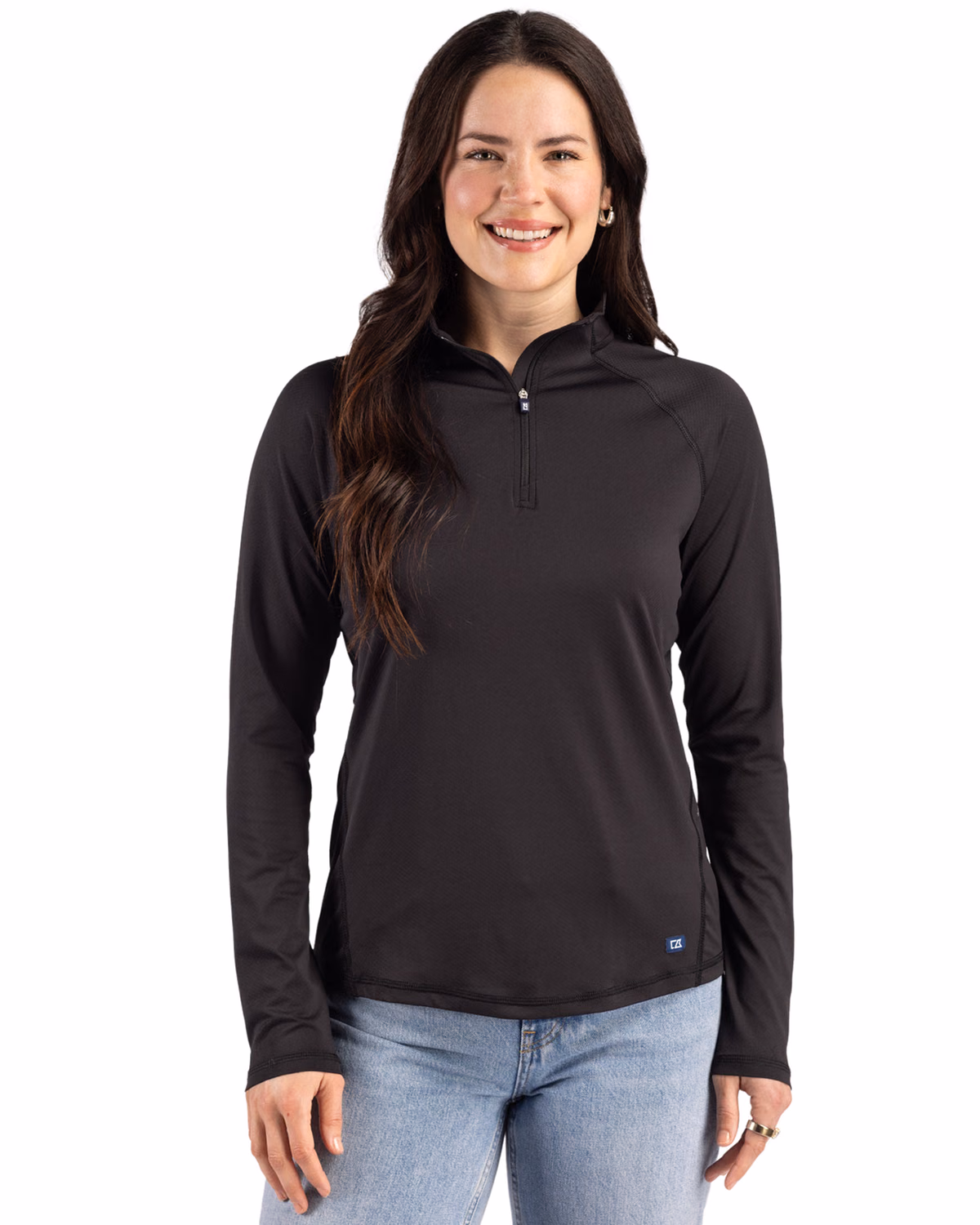 Custom Cutter & Buck Prospect Recycled Featherlight Stretch Womens Quarter Zip — Black front