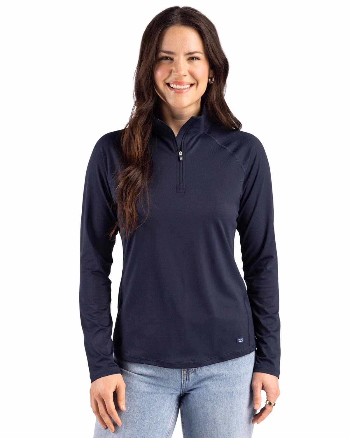 Custom Cutter & Buck Prospect Recycled Featherlight Stretch Womens Quarter Zip — Navy Blue front