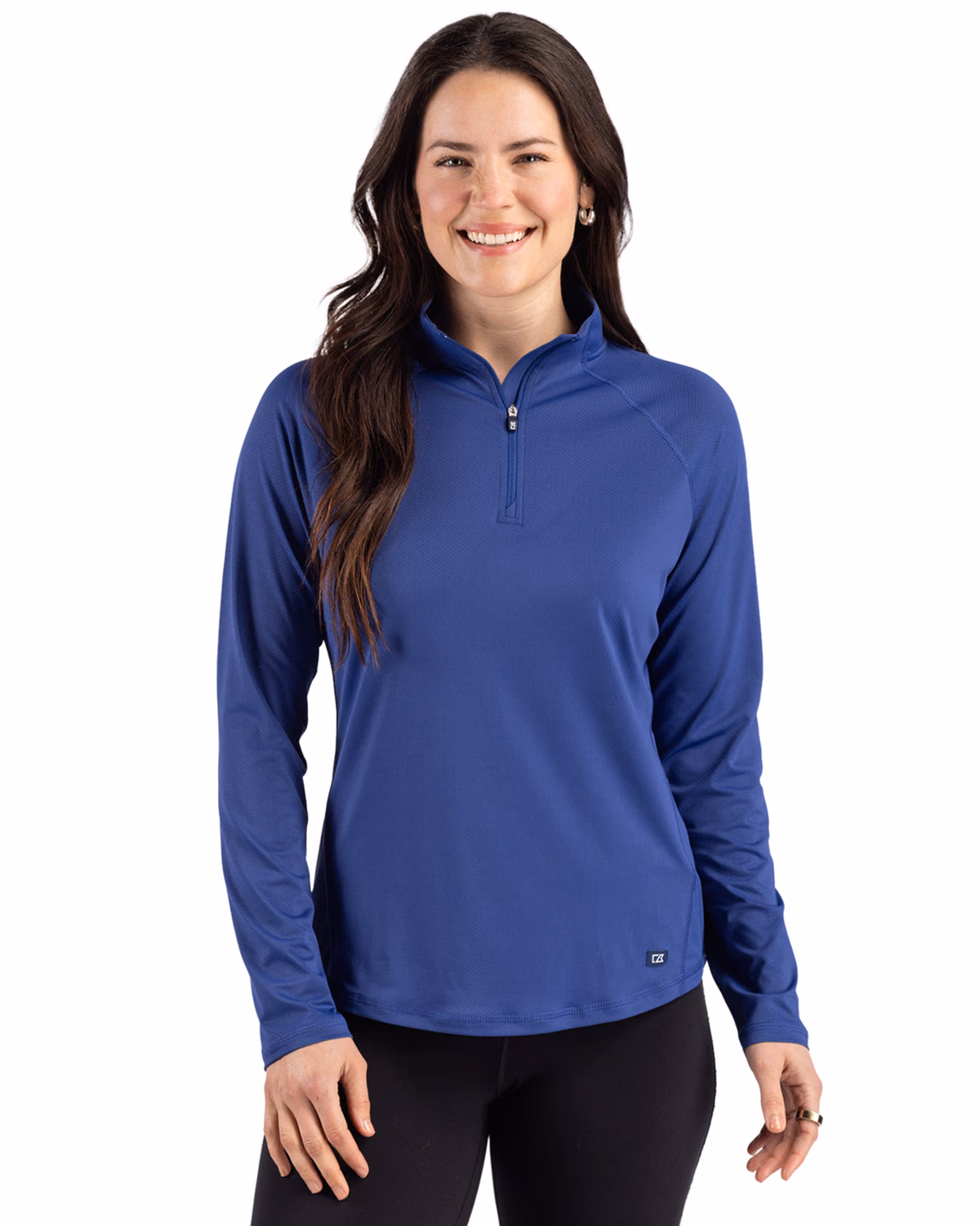 Custom Cutter & Buck Prospect Recycled Featherlight Stretch Womens Quarter Zip — Tour Blue front