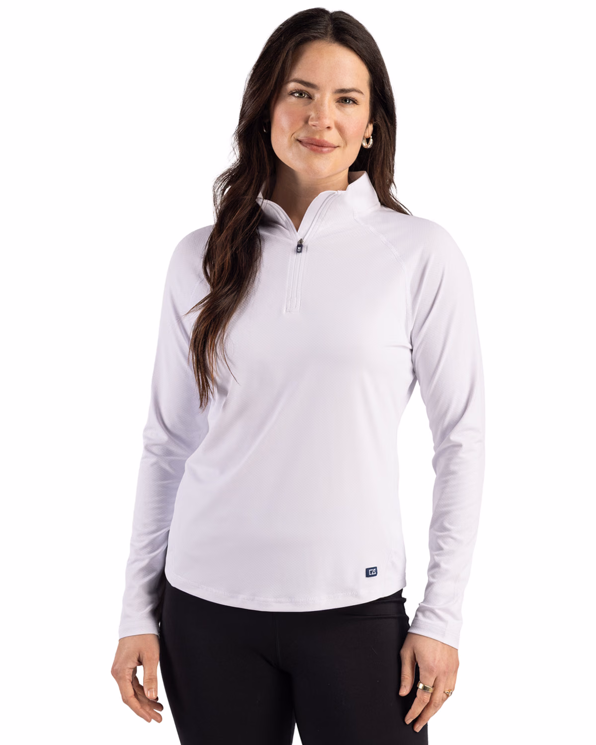 Custom Cutter & Buck Prospect Recycled Featherlight Stretch Womens Quarter Zip — White front