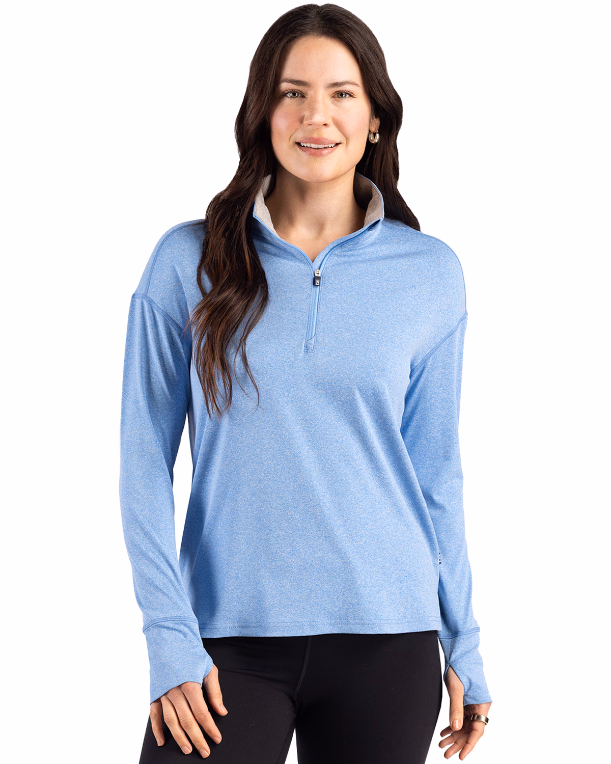 Custom Cutter & Buck Forge Recycled Four-Way Stretch Womens Quarter Zip Pullover — Dark Atlas Heather front