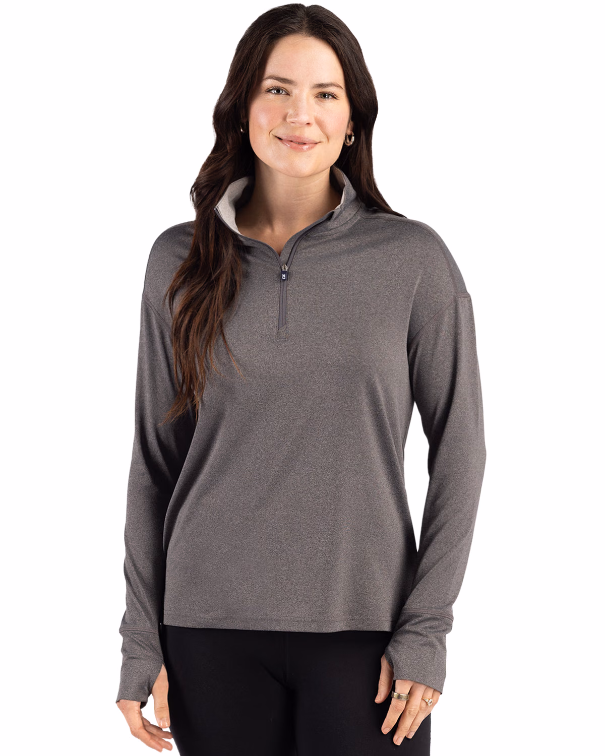 Custom Cutter & Buck Forge Recycled Four-Way Stretch Womens Quarter Zip Pullover — Dark Black Heather front