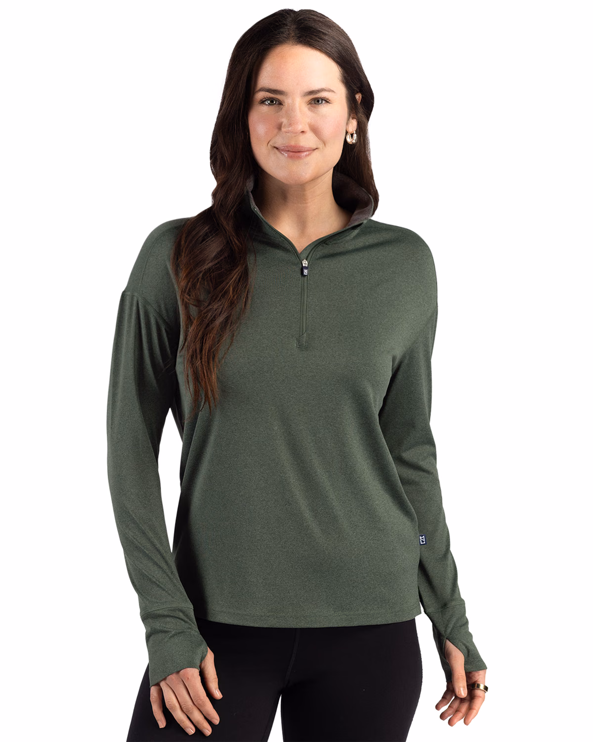 Custom Cutter & Buck Forge Recycled Four-Way Stretch Womens Quarter Zip Pullover — Dark Hunter Heather front