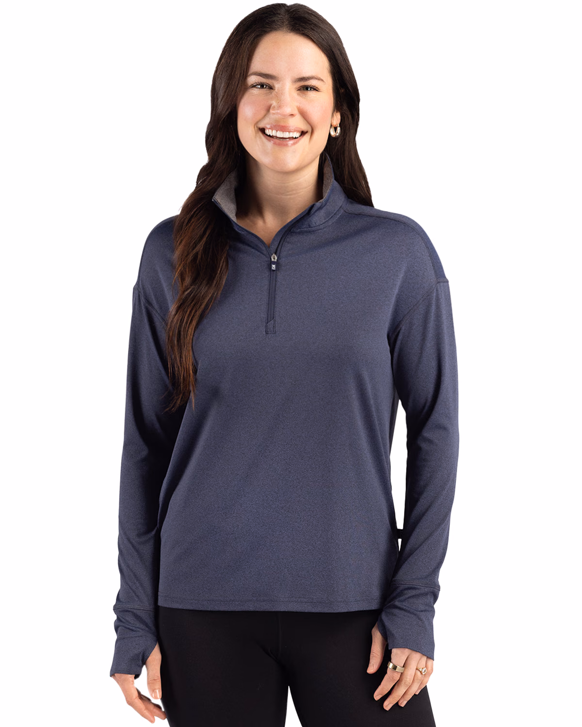 Custom Cutter & Buck Forge Recycled Four-Way Stretch Womens Quarter Zip Pullover — Dark Navy Blue Heather front