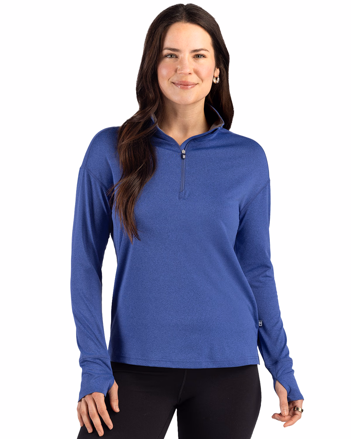 Custom Cutter & Buck Forge Recycled Four-Way Stretch Womens Quarter Zip Pullover — Tour Blue Heather front
