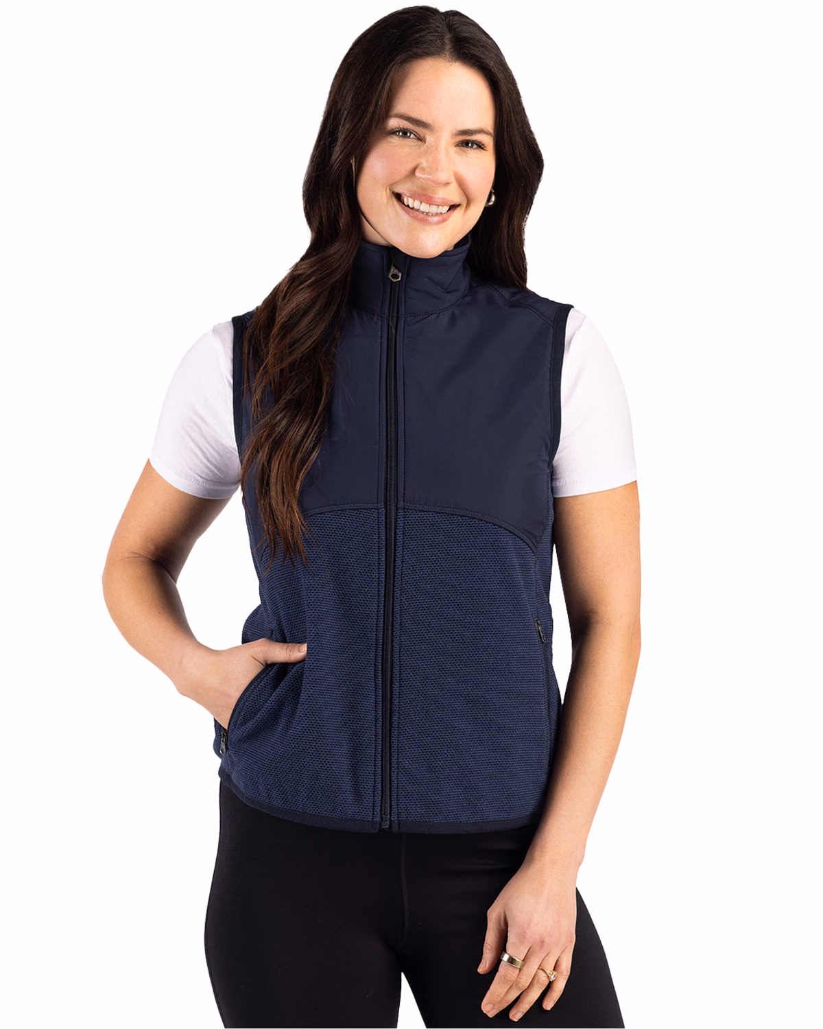 Custom Cutter & Buck Hunts Point Recycled Fleece Womens Hybrid Full Zip Vest — Navy Blue front
