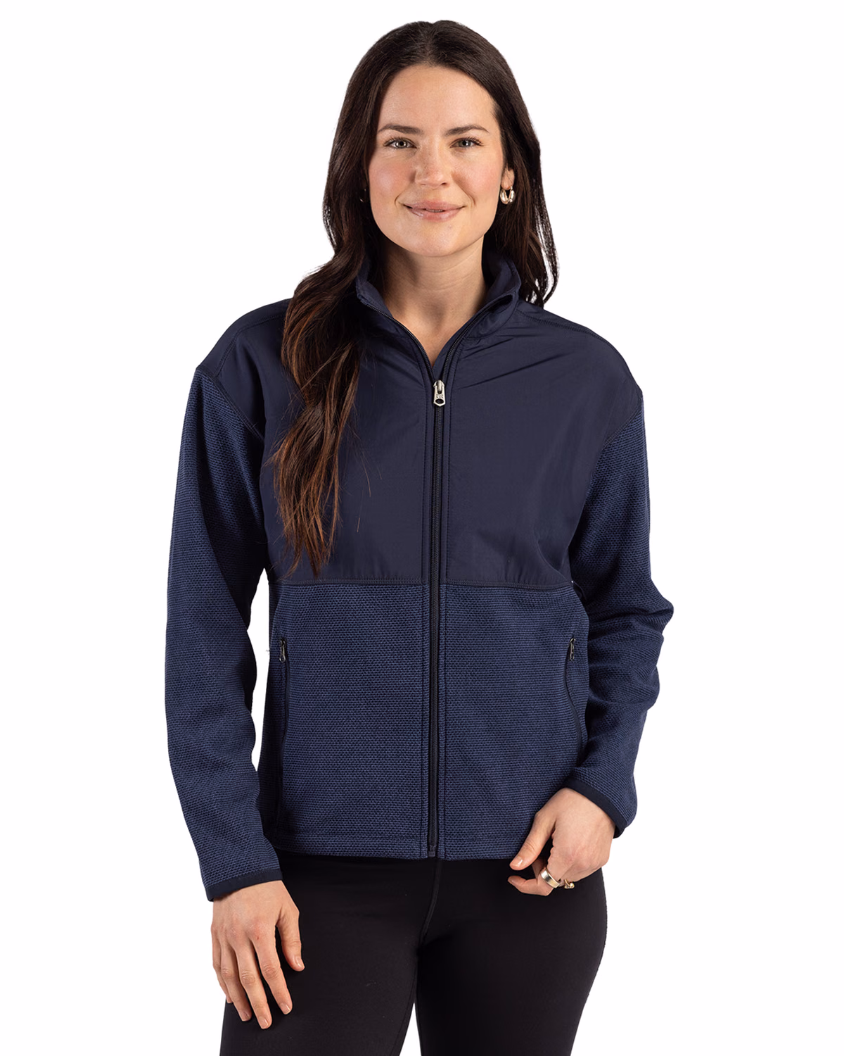 Custom Cutter & Buck Hunts Point Recycled Fleece Womens Hybrid Full Zip Jacket — Navy Blue front
