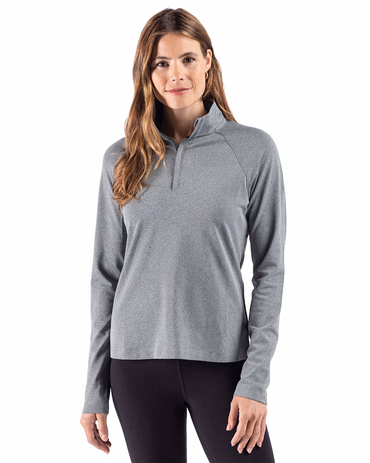 Custom Cutter & Buck Virtue Recycled Heathered Featherlight Pique Womens Quarter Zip Pullover — Hunter Heather front