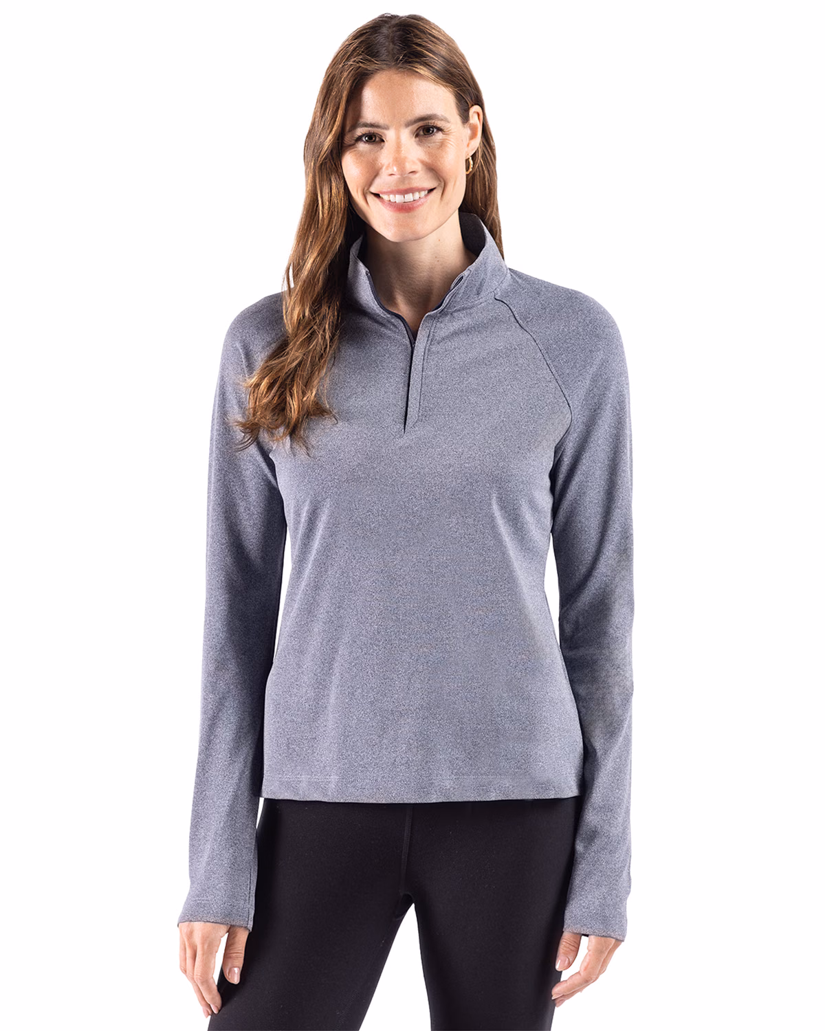 Custom Cutter & Buck Virtue Recycled Heathered Featherlight Pique Womens Quarter Zip Pullover — Navy Blue Heather front