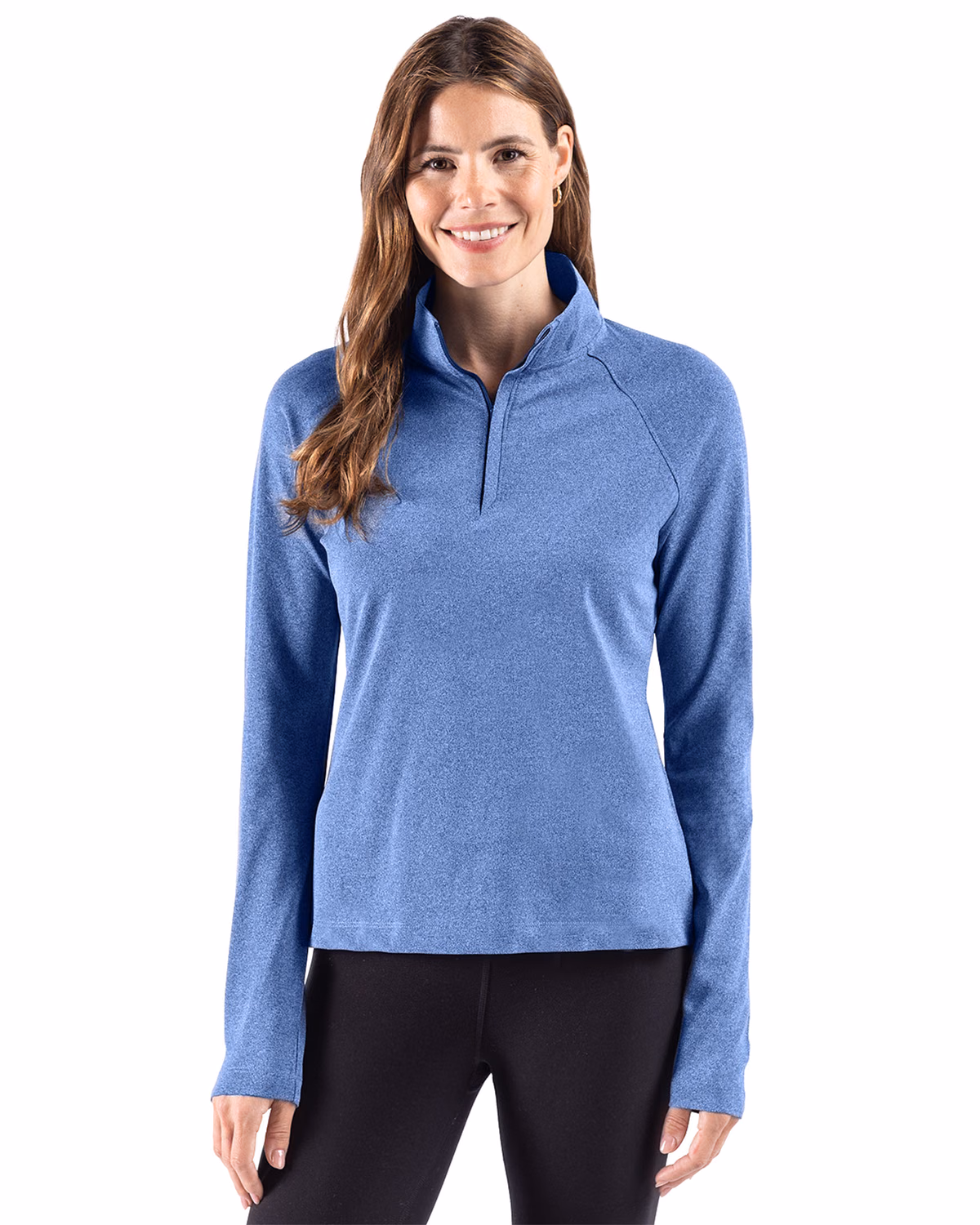 Custom Cutter & Buck Virtue Recycled Heathered Featherlight Pique Womens Quarter Zip Pullover — Tour Blue Heather front