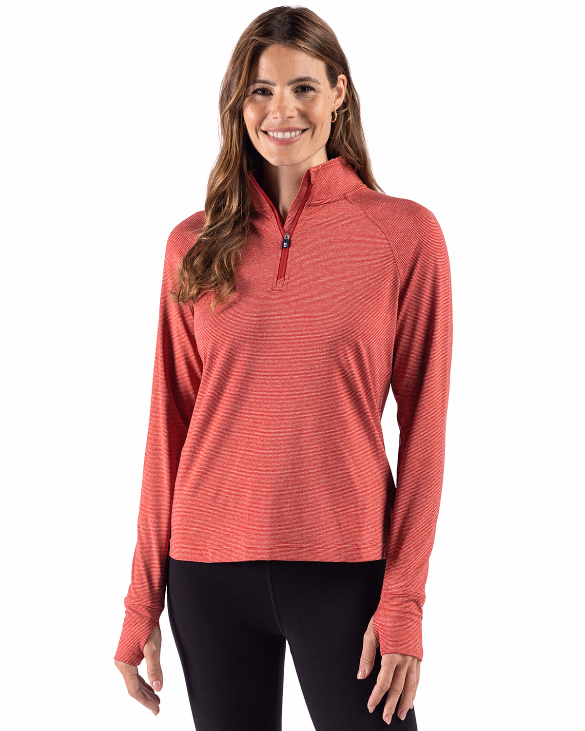 Custom Cutter & Buck Adapt Recycled Soft Knit Stripe Womens Quarter Zip Pullover — Cardinal Red Heather front