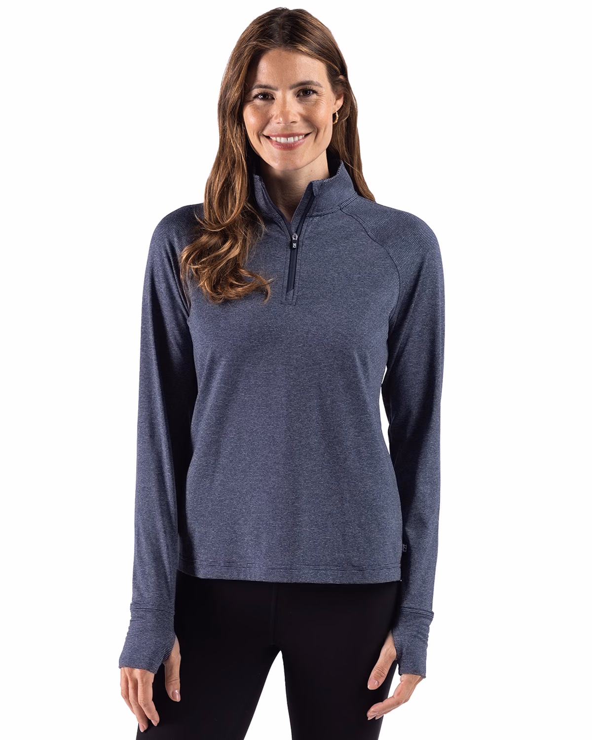 Custom Cutter & Buck Adapt Recycled Soft Knit Stripe Womens Quarter Zip Pullover — Navy Blue Heather front