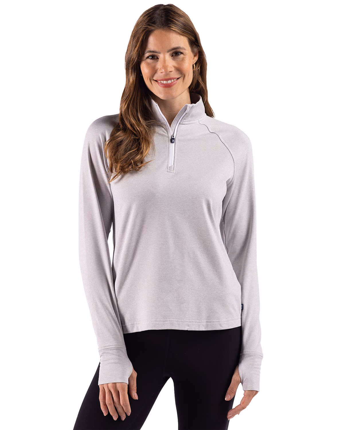 Custom Cutter & Buck Adapt Recycled Soft Knit Stripe Womens Quarter Zip Pullover — Polished Heather/White front