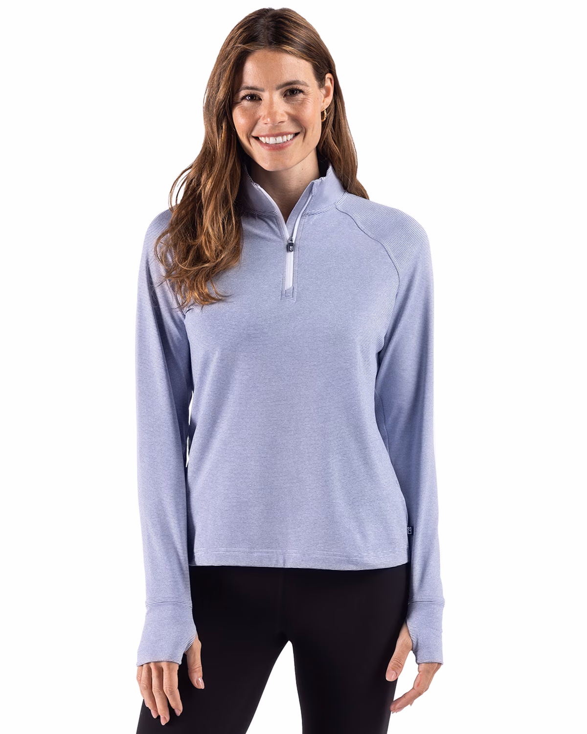 Custom Cutter & Buck Adapt Recycled Soft Knit Stripe Womens Quarter Zip Pullover — Tour Blue Heather/White front
