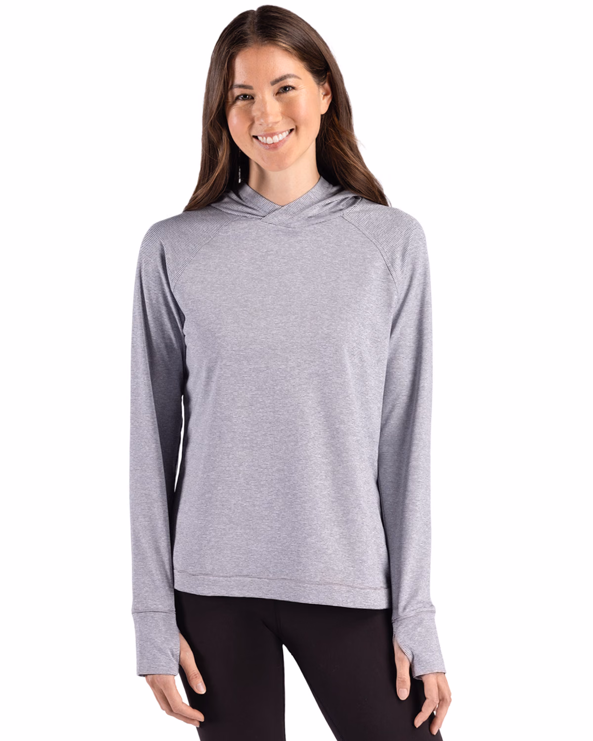 Custom Cutter & Buck Adapt Recycled Soft Knit Stripe Womens Hooded Pullover — Black Heather/White front