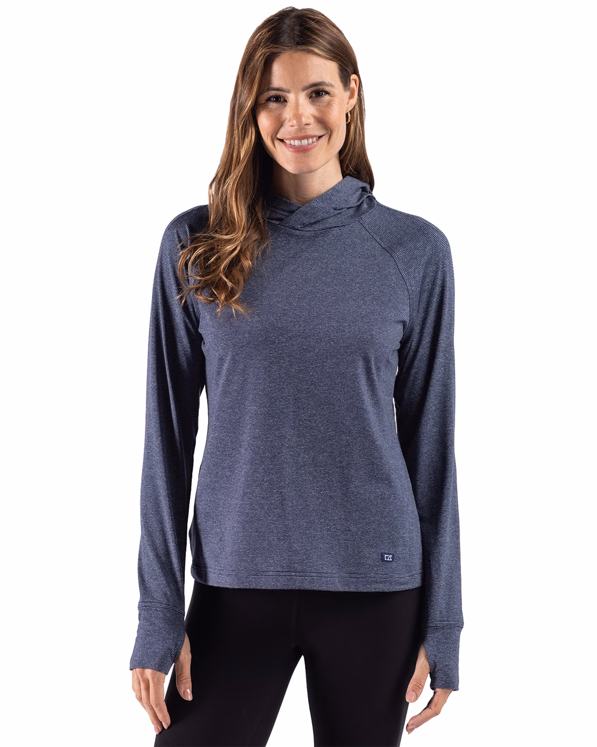 Custom Cutter & Buck Adapt Recycled Soft Knit Stripe Womens Hooded Pullover — Navy Blue Heather front