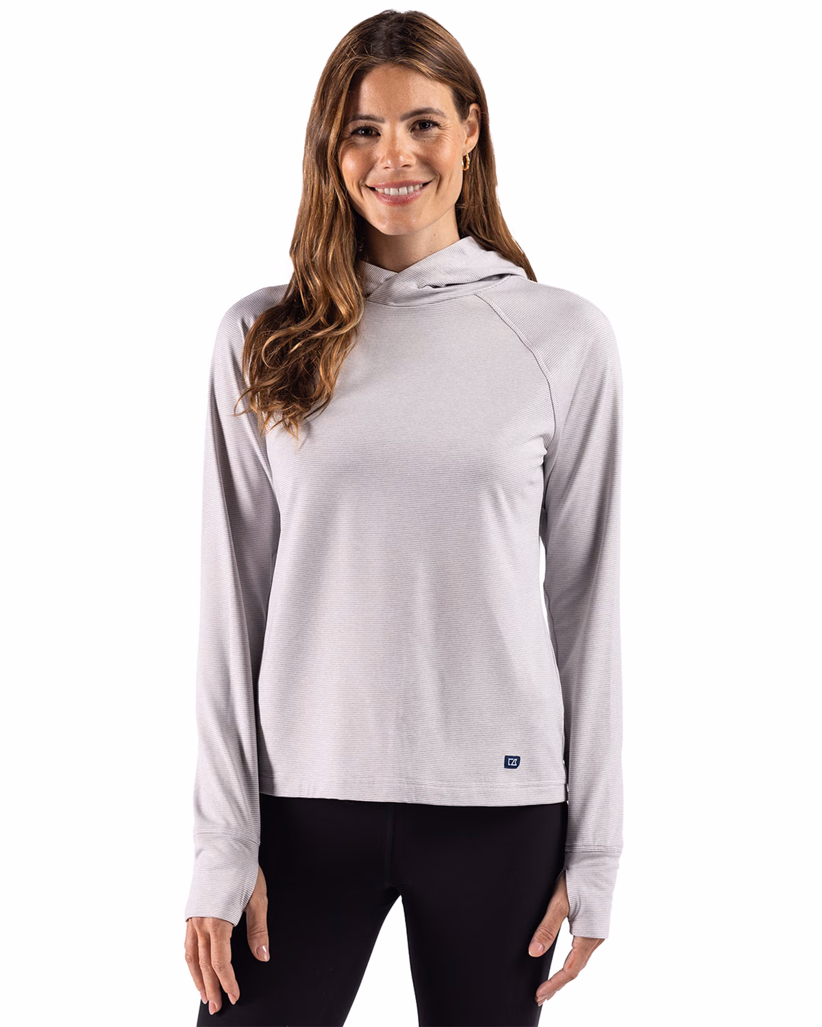 Custom Cutter & Buck Adapt Recycled Soft Knit Stripe Womens Hooded Pullover — Polished Heather/White front