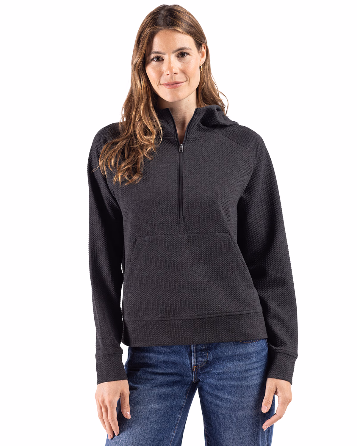 Custom Cutter & Buck Drift Epic Versatility Recycled Textured Knit Womens Half Zip Hooded Pullover
