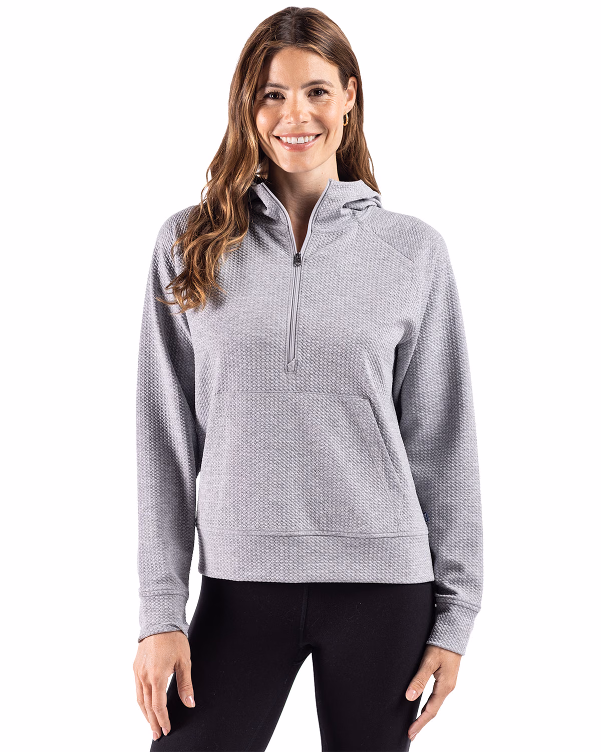 Custom Cutter & Buck Drift Epic Versatility Recycled Textured Knit Womens Half Zip Hooded Pullover — CONCRETE front