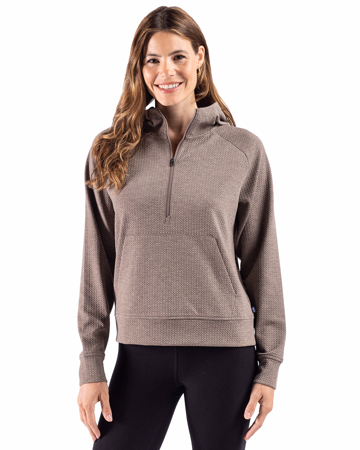 Custom Cutter & Buck Drift Epic Versatility Recycled Textured Knit Womens Half Zip Hooded Pullover — Mushroom front
