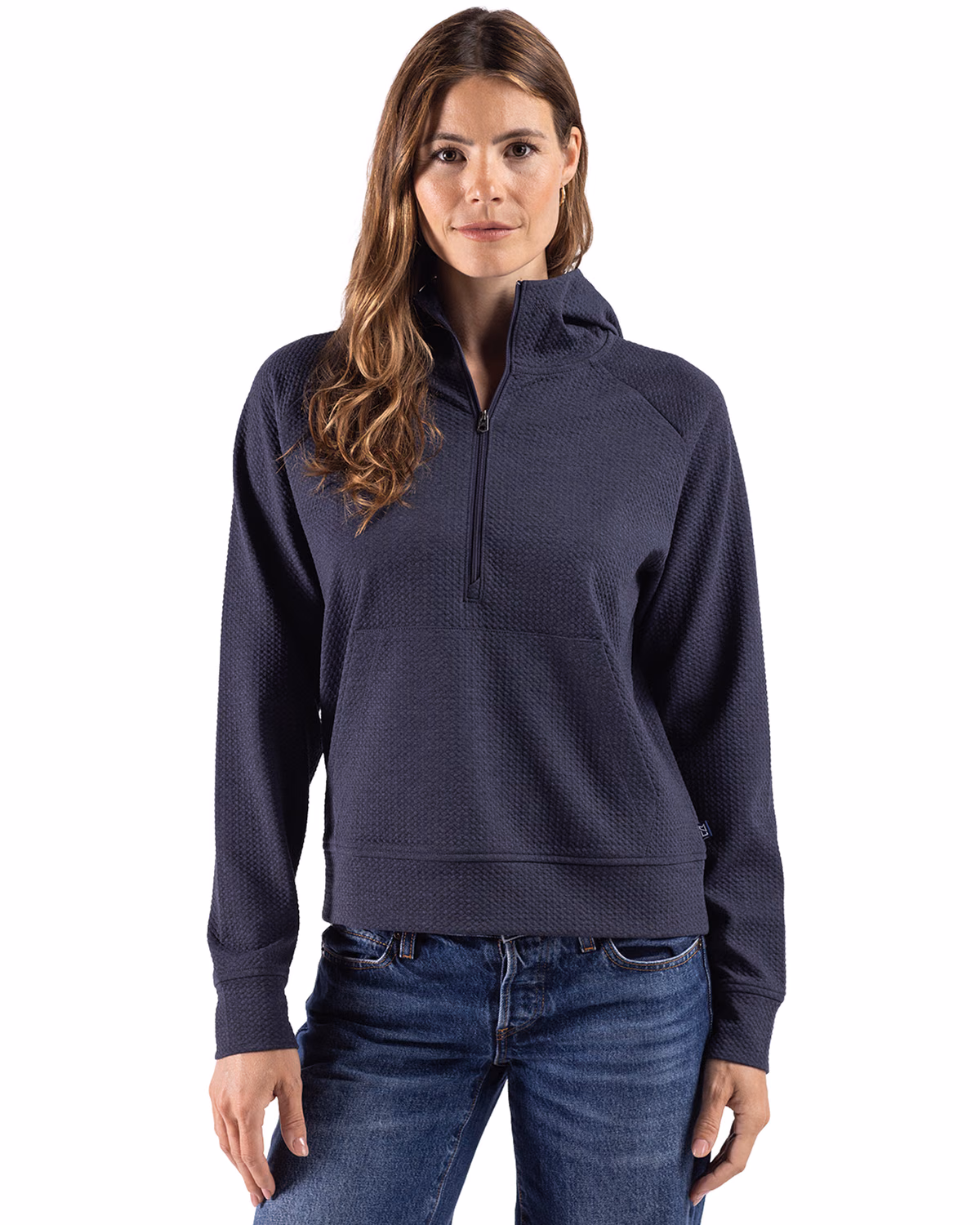Custom Cutter & Buck Drift Epic Versatility Recycled Textured Knit Womens Half Zip Hooded Pullover — Navy Blue front