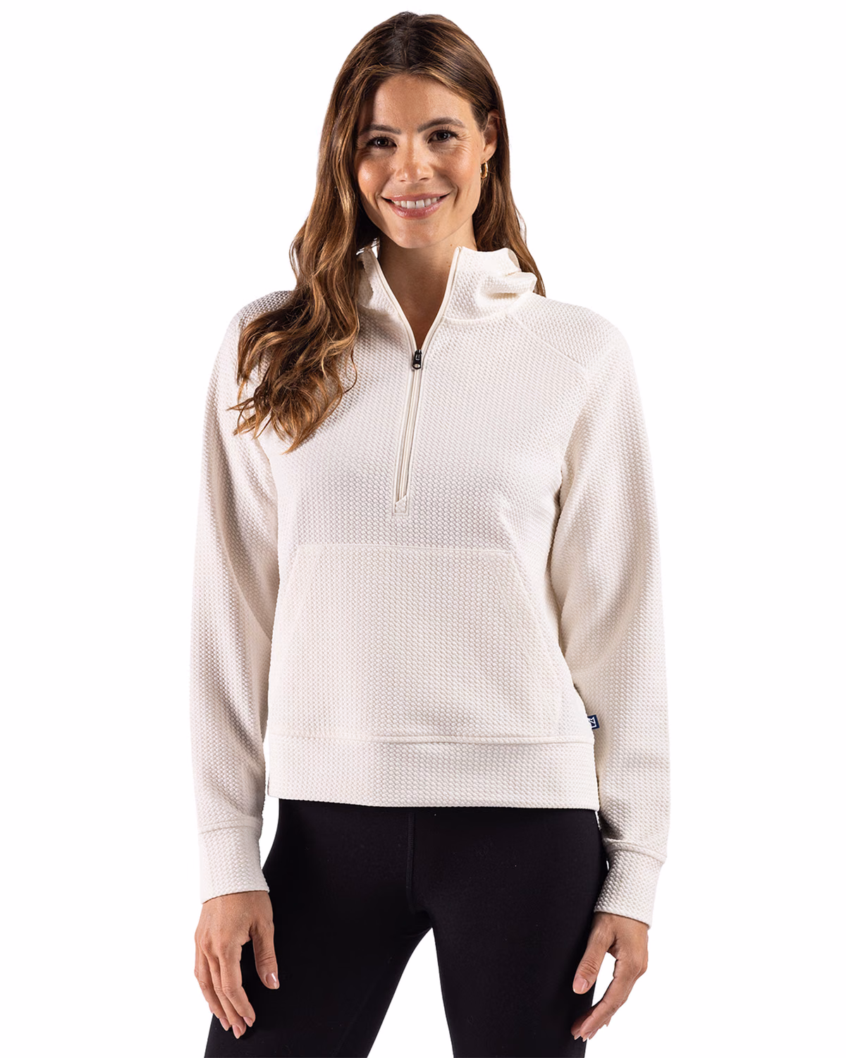 Custom Cutter & Buck Drift Epic Versatility Recycled Textured Knit Womens Half Zip Hooded Pullover — Shell front