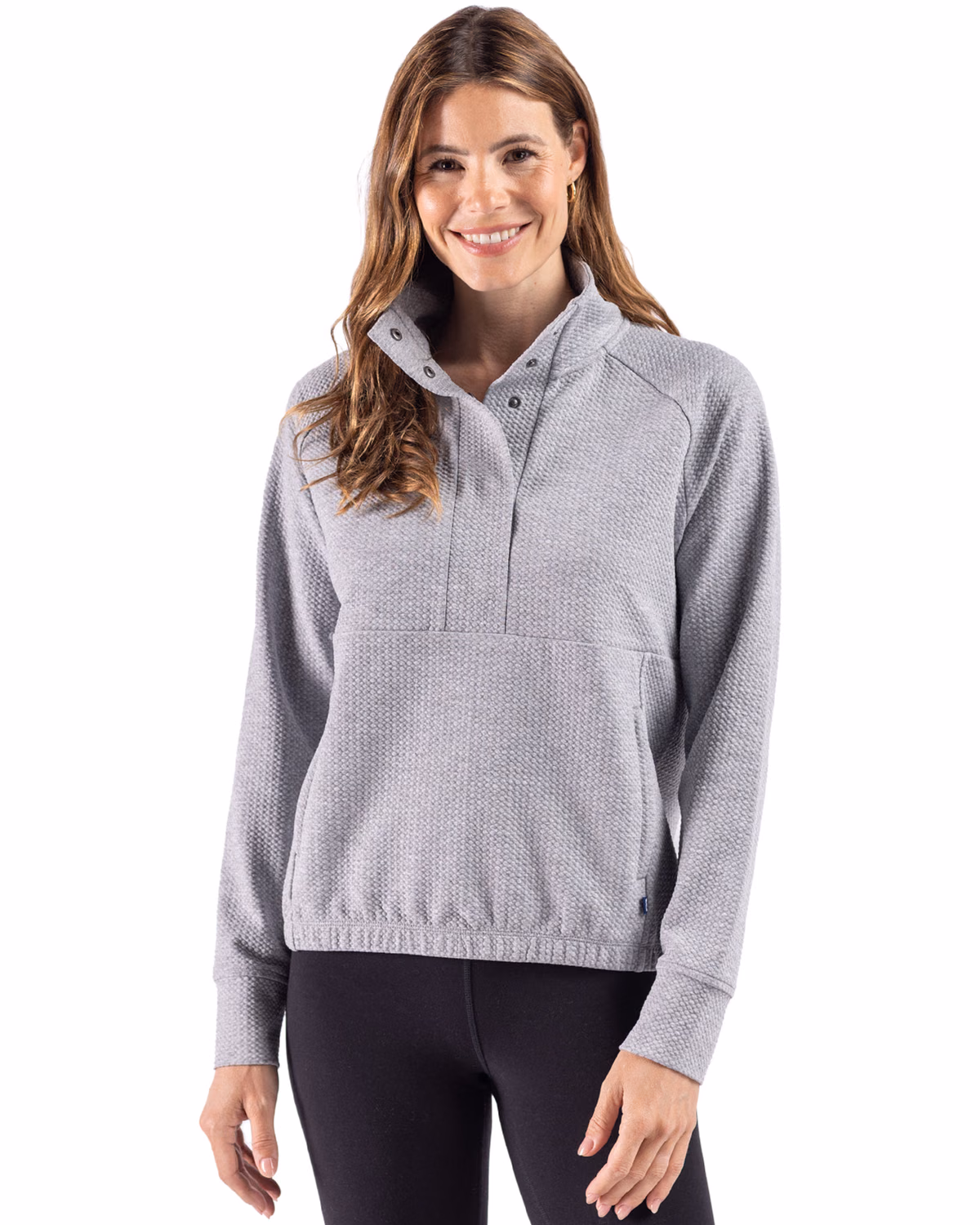 Custom Cutter & Buck Drift Epic Versatility Recycled Textured Knit Women's Snap Pullover — CONCRETE front