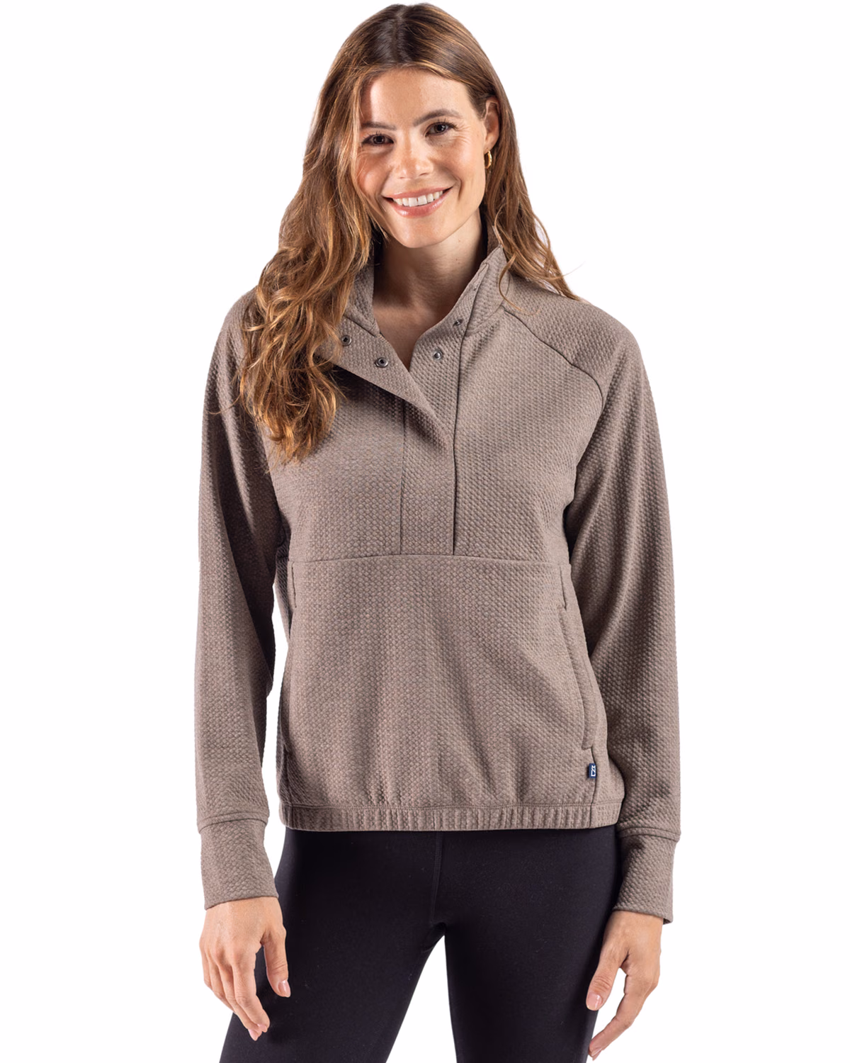 Custom Cutter & Buck Drift Epic Versatility Recycled Textured Knit Women's Snap Pullover — Mushroom front