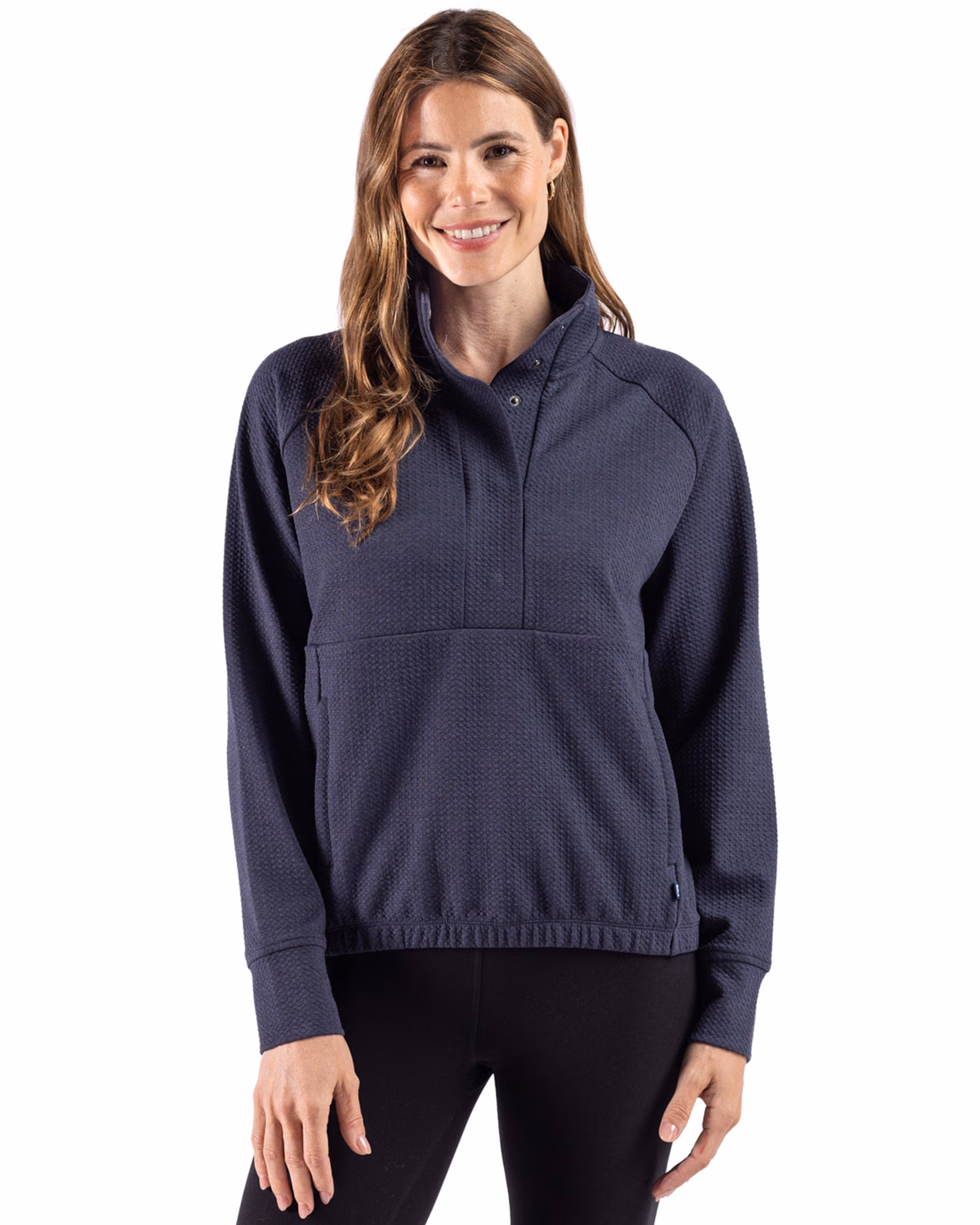 Custom Cutter & Buck Drift Epic Versatility Recycled Textured Knit Women's Snap Pullover — Navy Blue front