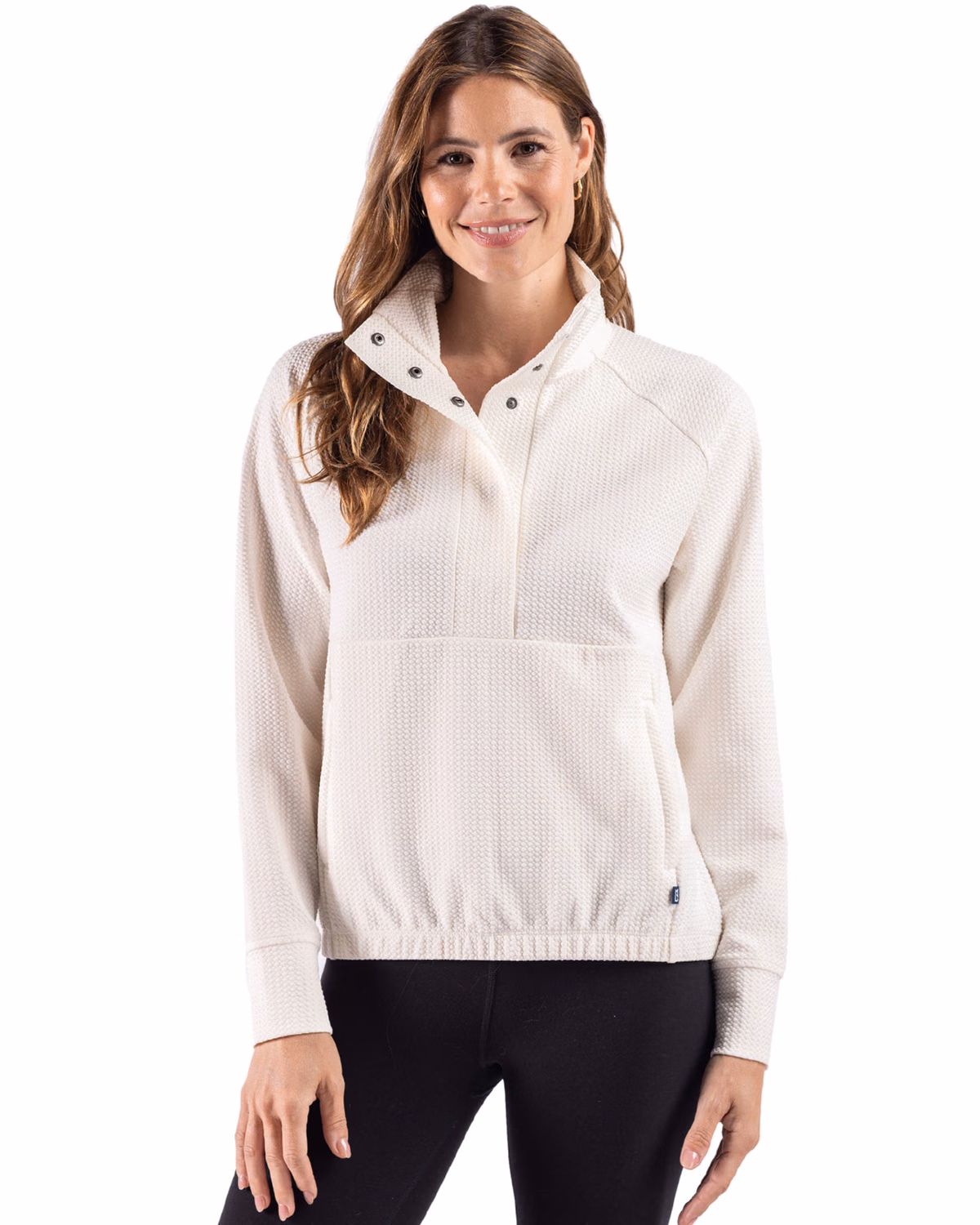 Custom Cutter & Buck Drift Epic Versatility Recycled Textured Knit Women's Snap Pullover — Shell front