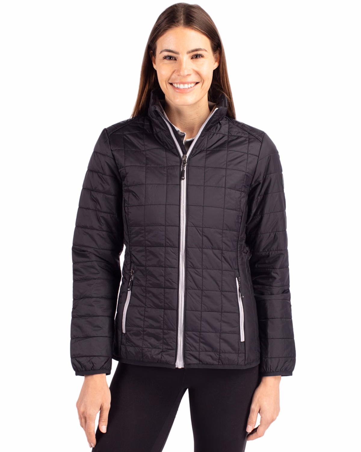 Custom Cutter & Buck Rainier Recycled Insulated Puffer Womens Full Zip Jacket — Black front