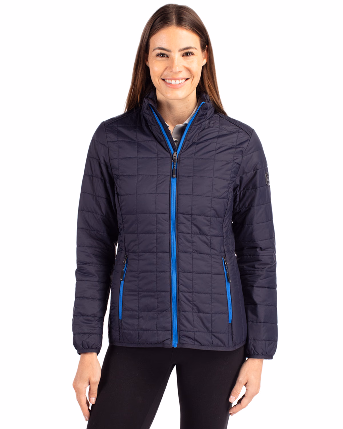 Custom Cutter & Buck Rainier Recycled Insulated Puffer Womens Full Zip Jacket — Dark Navy front