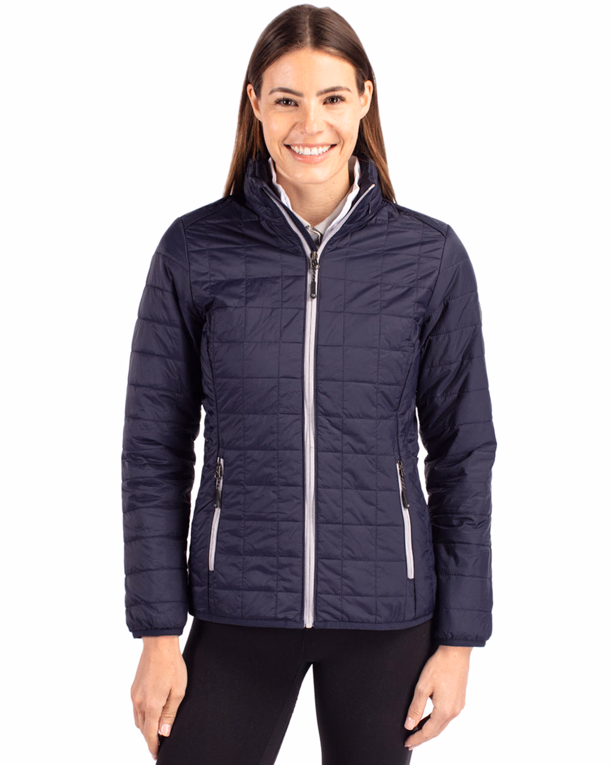 Custom Cutter & Buck Rainier Recycled Insulated Puffer Womens Full Zip Jacket — Dark Navy/Silver front