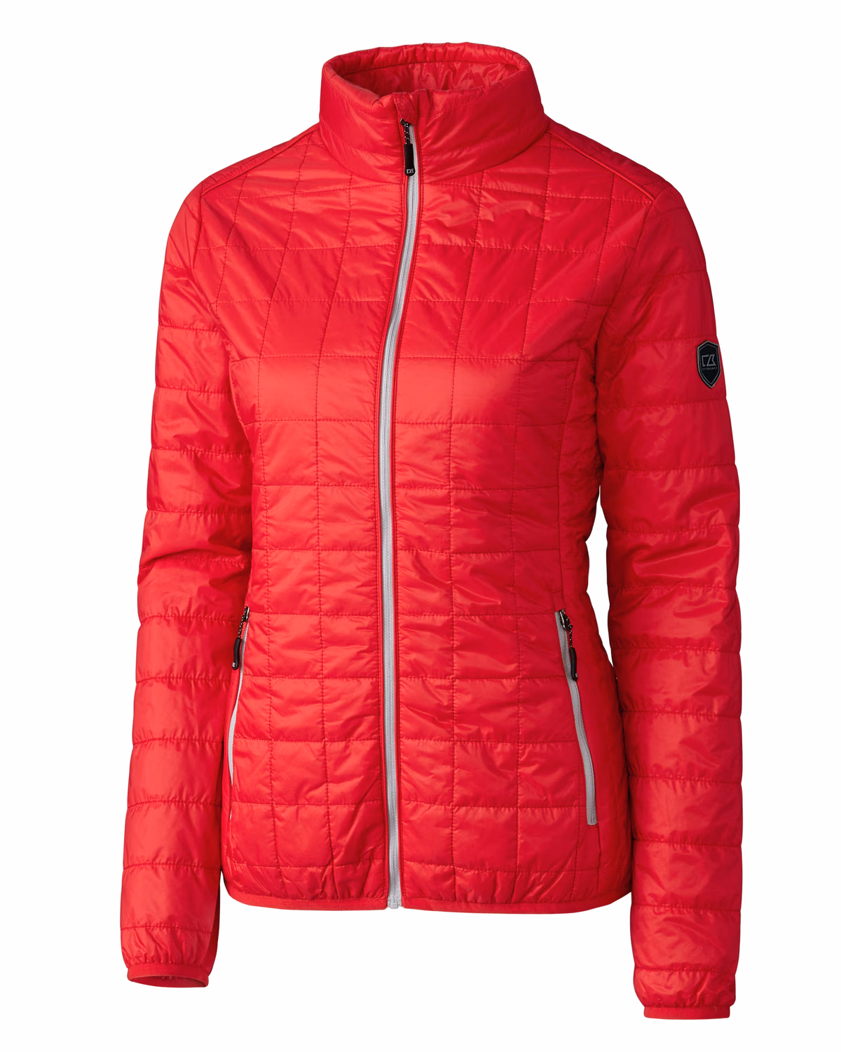 Custom Cutter & Buck Rainier Recycled Insulated Puffer Womens Full Zip Jacket — Red flat front