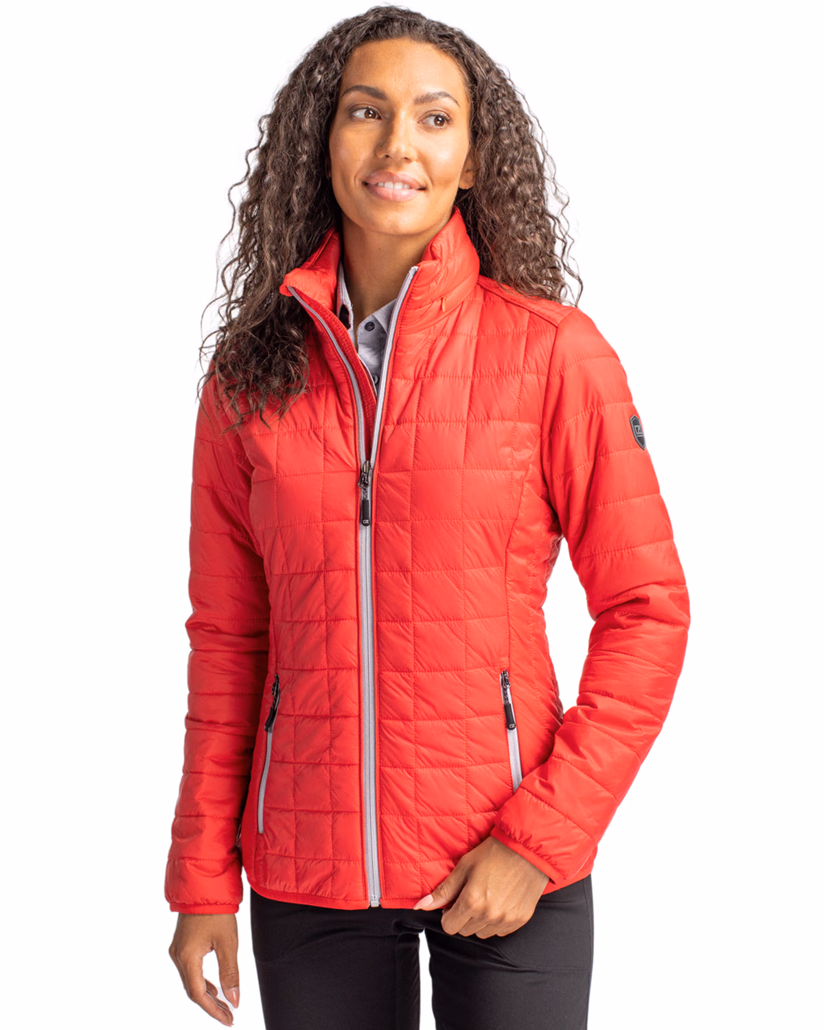 Custom Cutter & Buck Rainier Recycled Insulated Puffer Womens Full Zip Jacket — Red front
