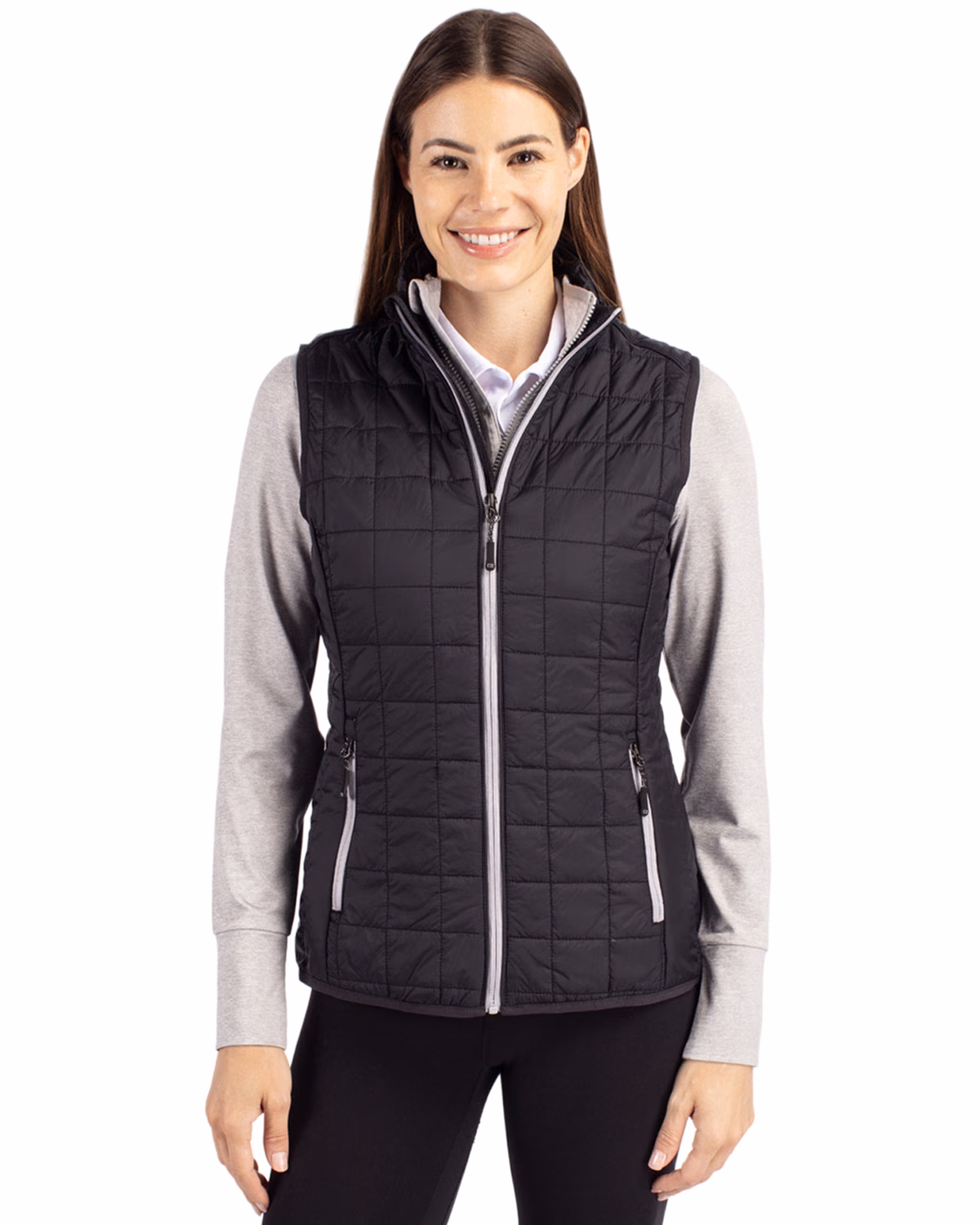 Custom Cutter & Buck Rainier Recycled Insulated Puffer Womens Full Zip Vest — Black front