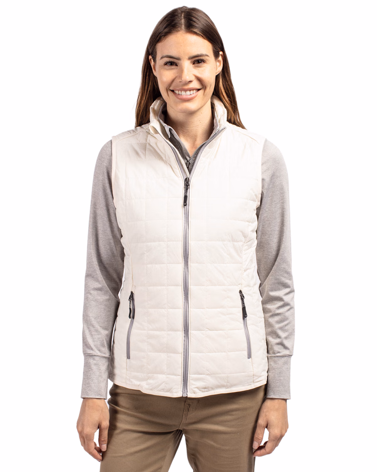 Custom Cutter & Buck Rainier Recycled Insulated Puffer Womens Full Zip Vest — Coconut front
