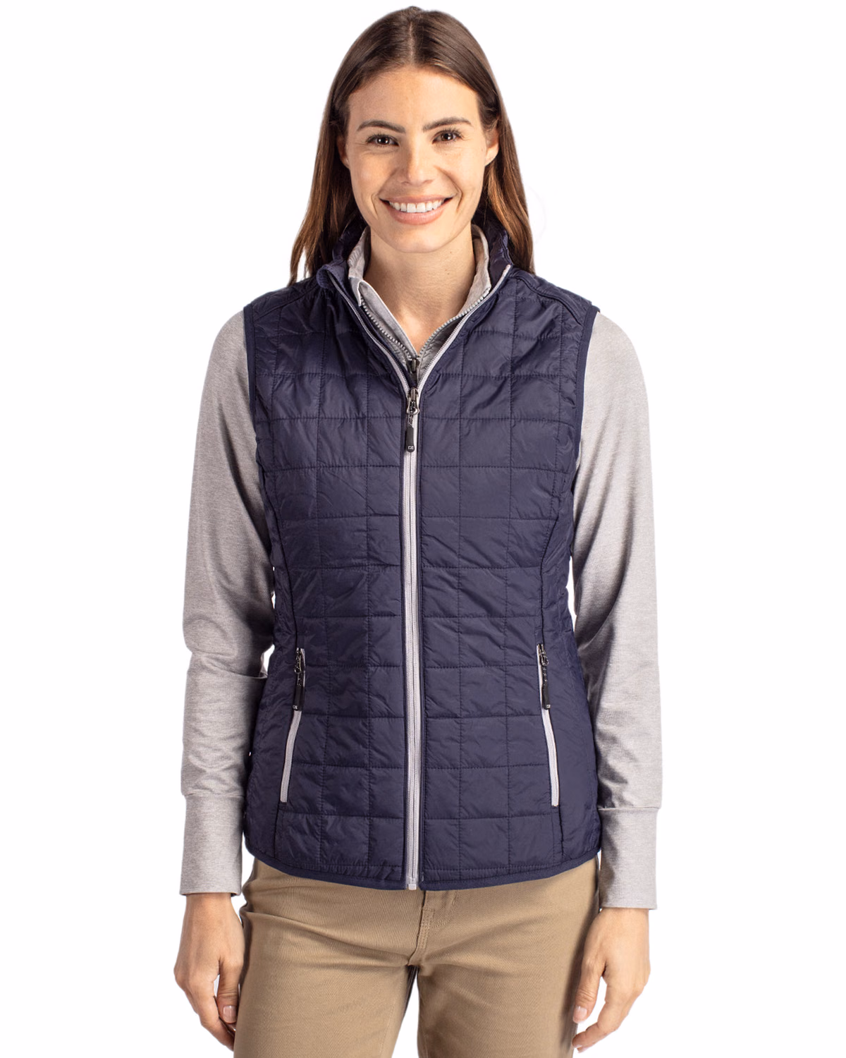 Custom Cutter & Buck Rainier Recycled Insulated Puffer Womens Full Zip Vest — Dark Navy/Silver front