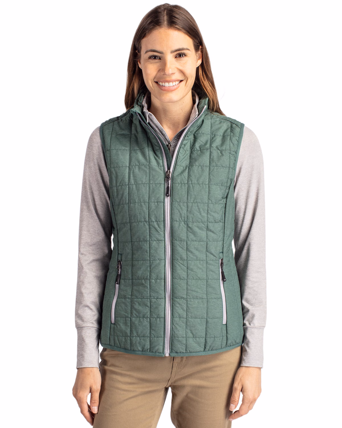 Custom Cutter & Buck Rainier Recycled Insulated Puffer Womens Full Zip Vest — Hunter Melange front