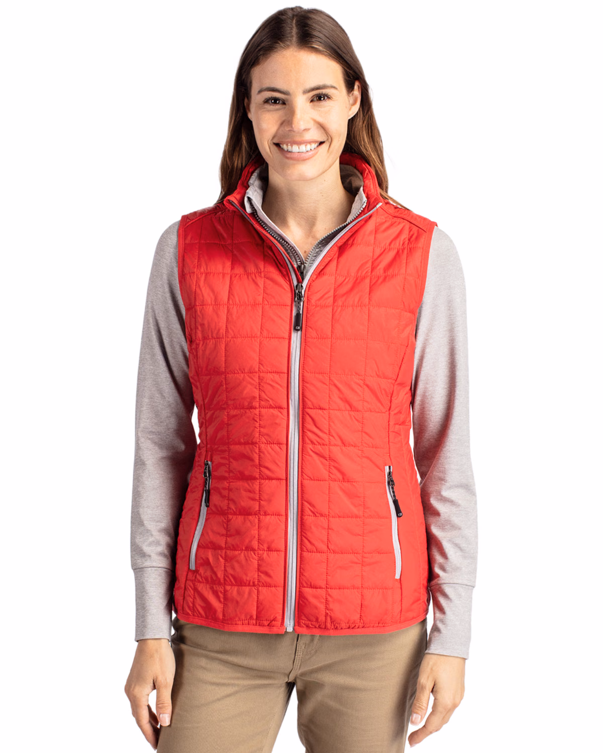 Custom Cutter & Buck Rainier Recycled Insulated Puffer Womens Full Zip Vest — Red front
