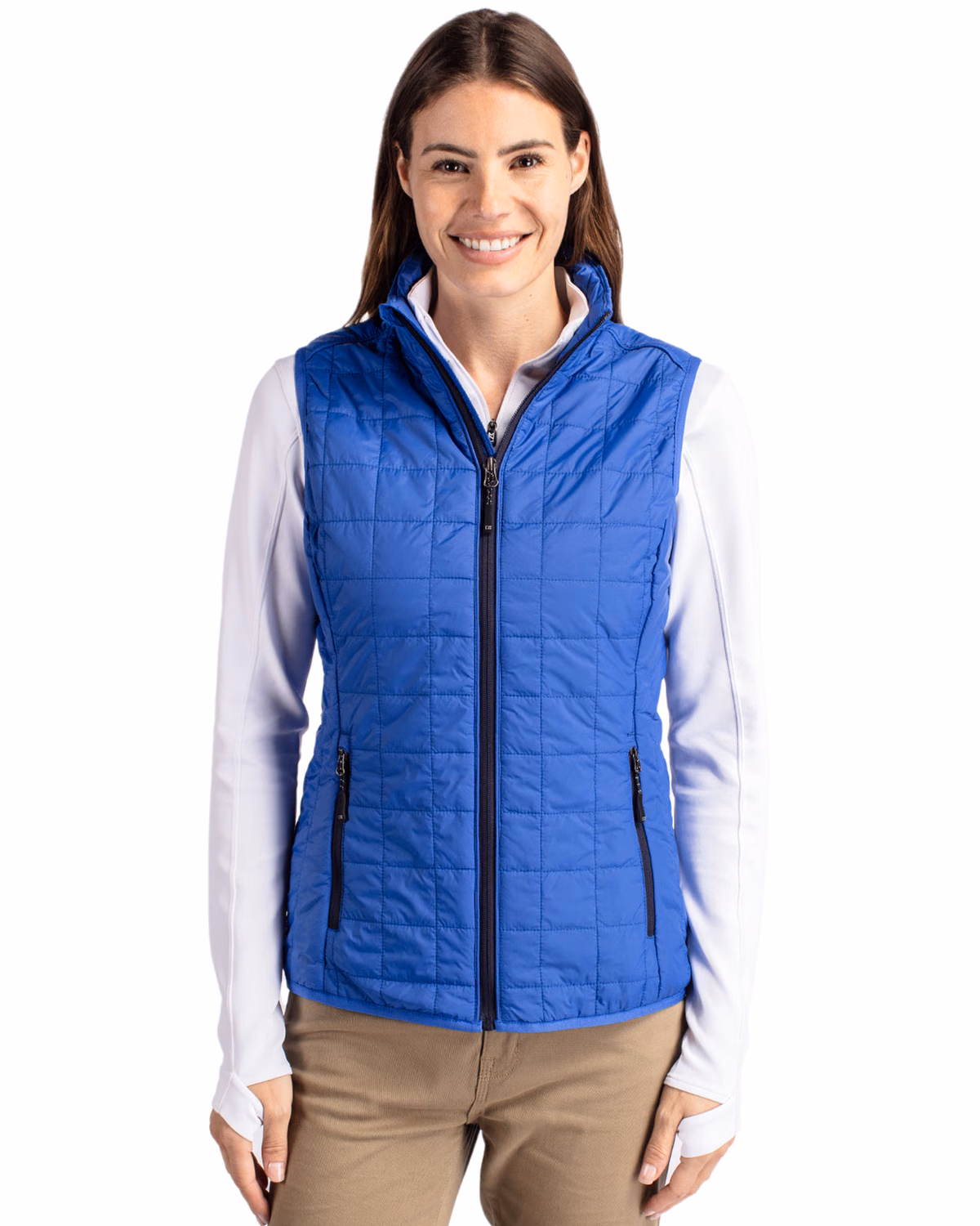 Custom Cutter & Buck Rainier Recycled Insulated Puffer Womens Full Zip Vest — Royal front