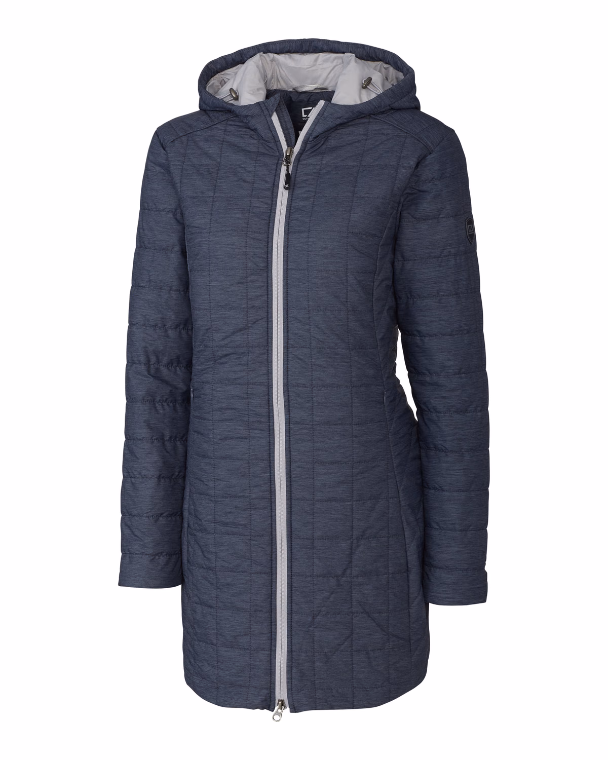 Custom Cutter & Buck Rainier Recycled Insulated Puffer Womens Full Zip Hooded Long Coat — Anthracite Melange flat front