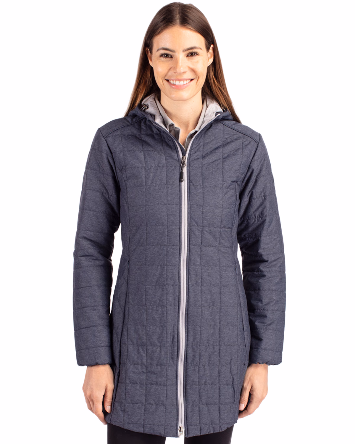 Custom Cutter & Buck Rainier Recycled Insulated Puffer Womens Full Zip Hooded Long Coat