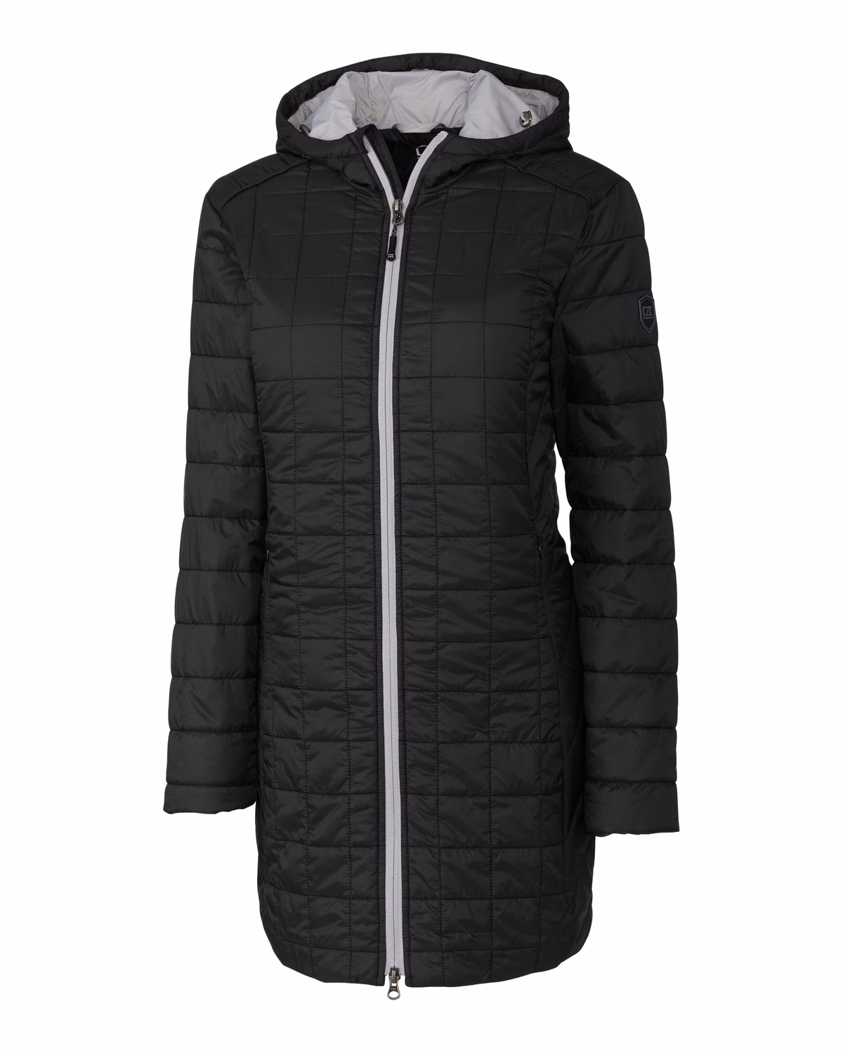 Custom Cutter & Buck Rainier Recycled Insulated Puffer Womens Full Zip Hooded Long Coat — Black flat front