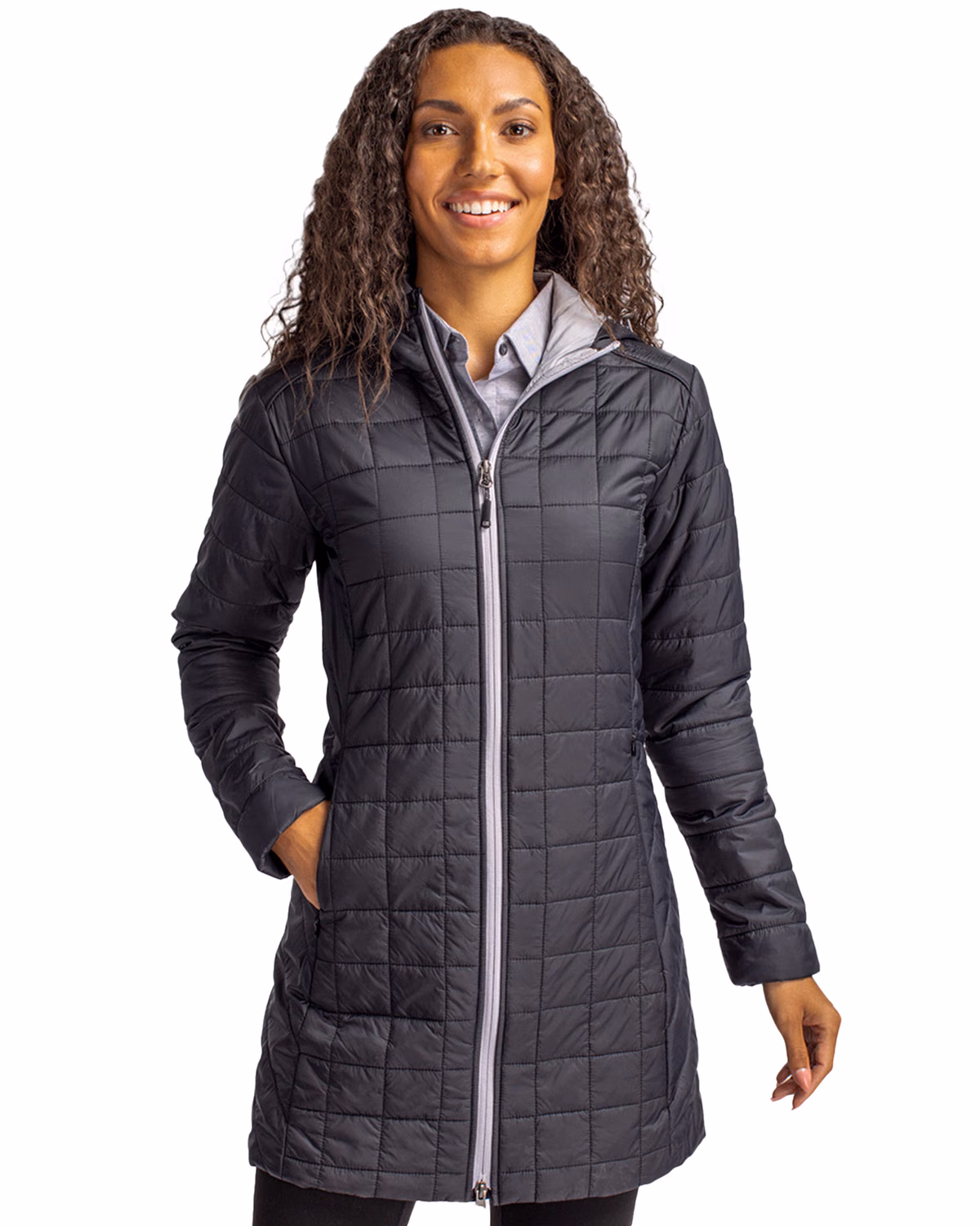 Custom Cutter & Buck Rainier Recycled Insulated Puffer Womens Full Zip Hooded Long Coat — Black front